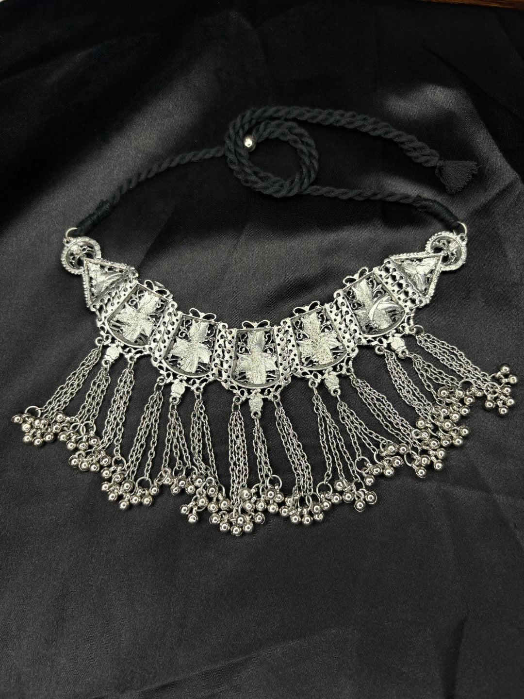 Oxidised Silver-Plated Multicolour Stone Embellished Tribal Statement Choker Necklace Jewellery Set