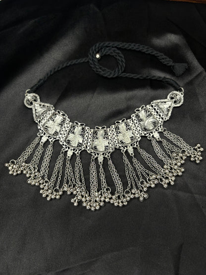 Oxidised Silver-Plated Multicolour Stone Embellished Tribal Statement Choker Necklace Jewellery Set