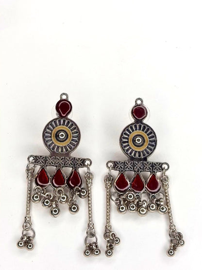 Silver-Plated Oxidised Red Stone-Studded Statement Necklace Set