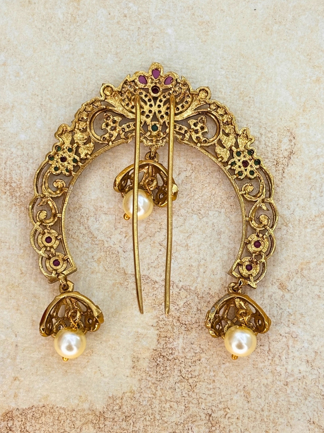 Gold-Plated Kundan and AD Pearl Embellished Traditional Hair Juda Pin