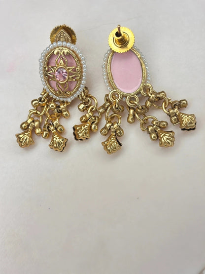 Gold-Plated Pink Kundan Stone Contemporary Stud Earrings