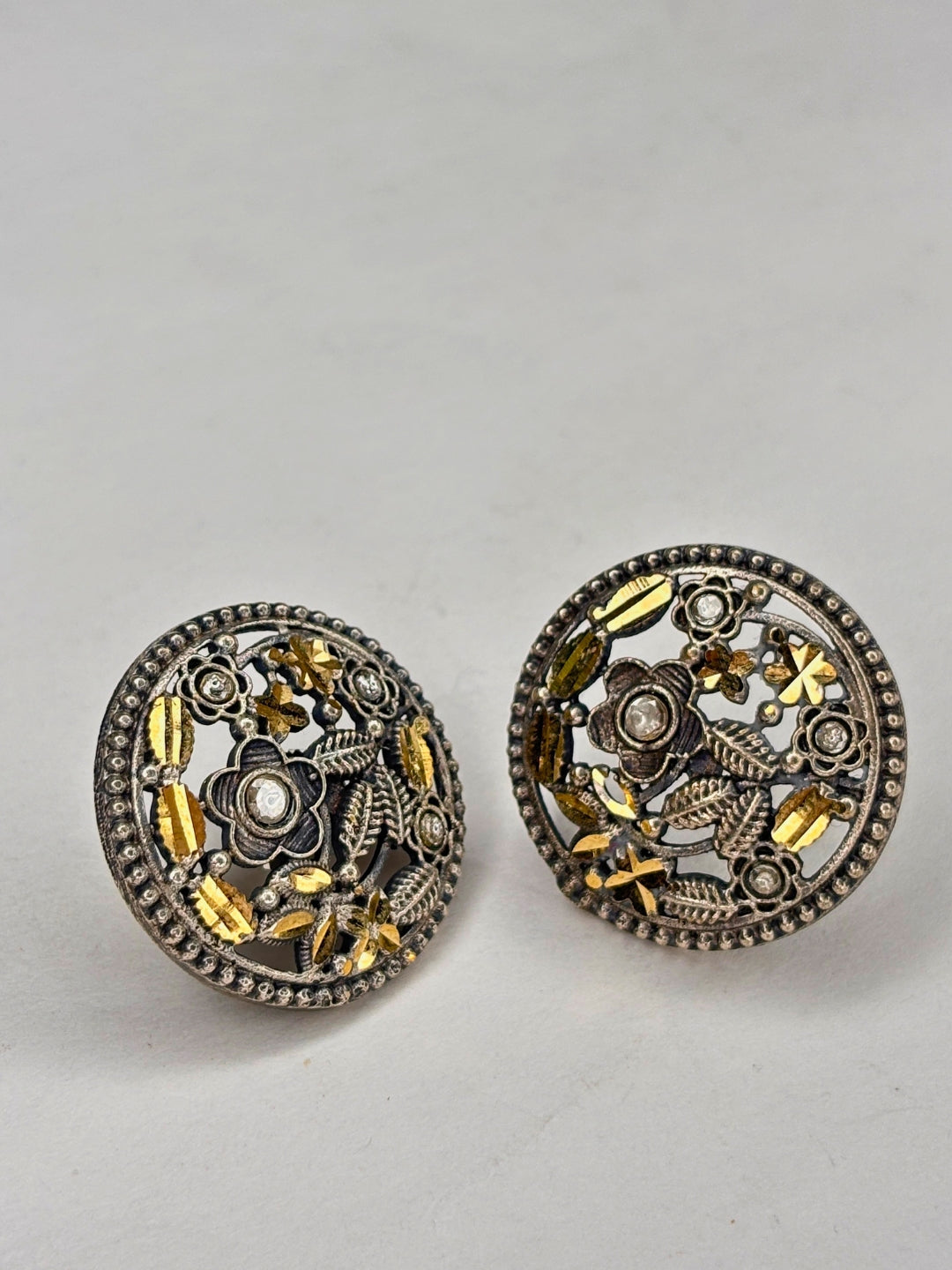 Oxidised Silver-Plated Floral Leaf & Stone Embellished Round Stud Earrings