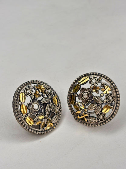 Oxidised Silver-Plated Floral Leaf & Stone Embellished Round Stud Earrings