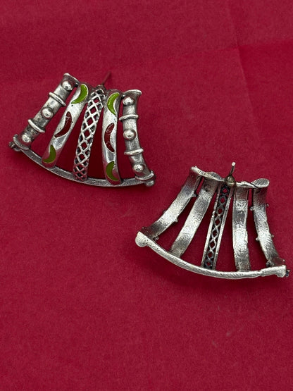 Oxidised Silver-Plated Crescent Design Stud Earrings