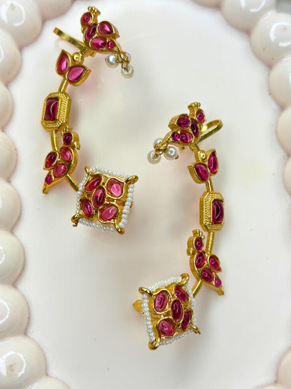 VIVAZS Gold Plated Contemporary Ear Cuff Earrings (Pink)
