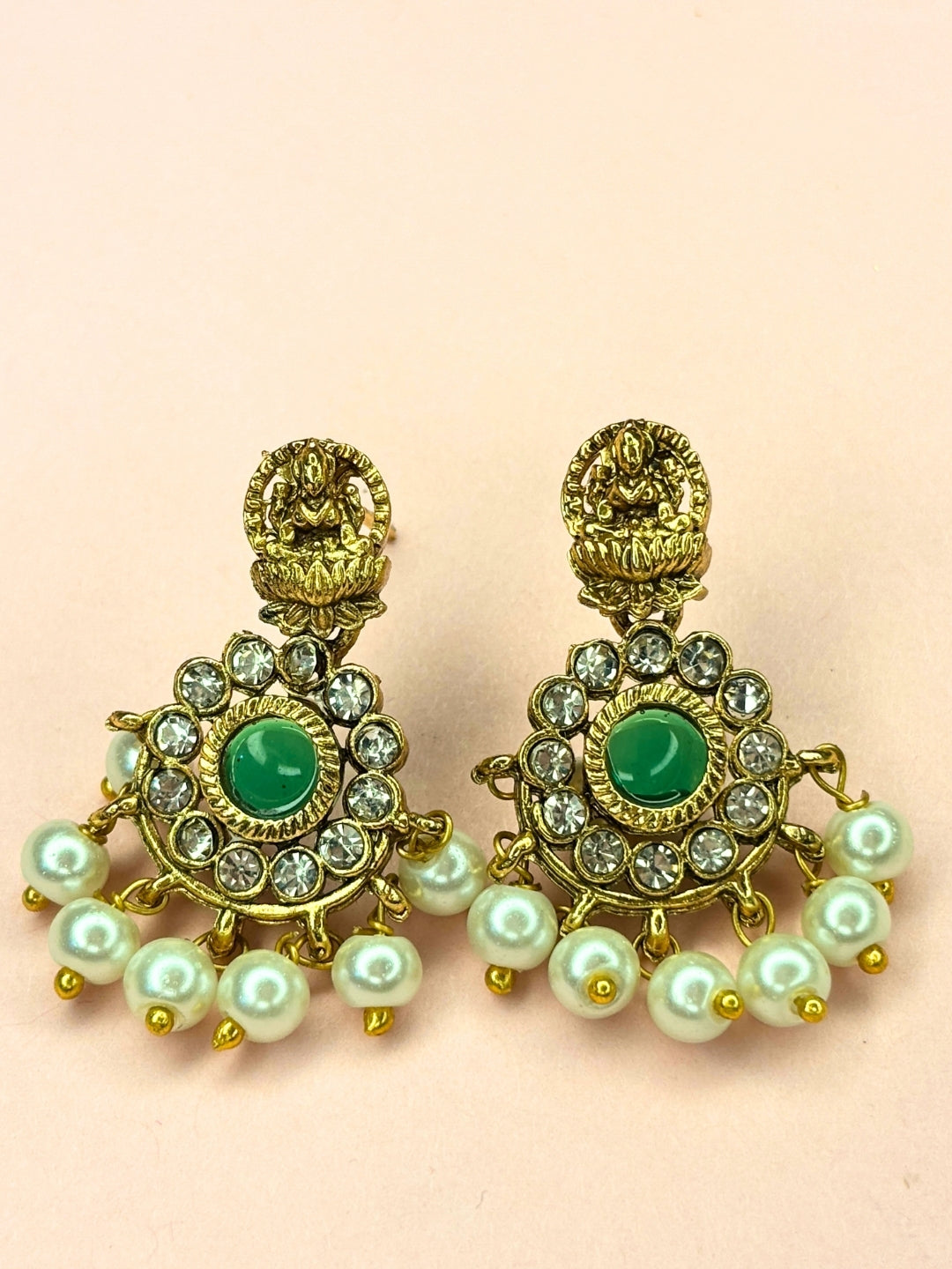 Gold-Plated Green Stone and kundan Studded Lakshmi Temple Necklace Jewellery Set