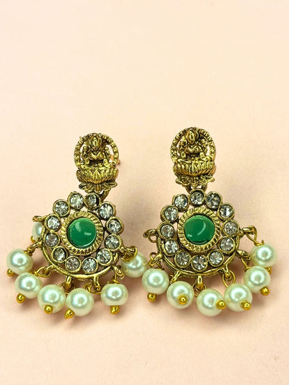 Gold-Plated Green Stone and kundan Studded Lakshmi Temple Necklace Jewellery Set