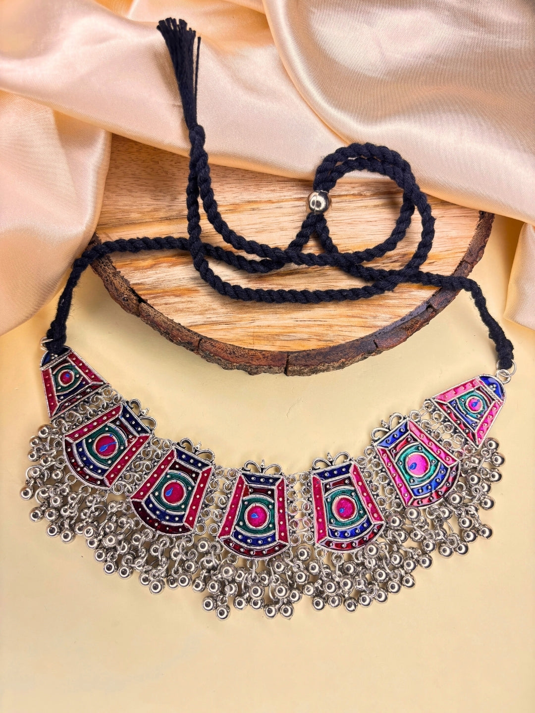 Oxidised Silver-Plated Multicolour Tribal Choker Jewellery Necklace Set