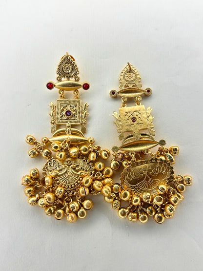Gold-Plated Pink Stone Kundan Ghungroo Statement Drop Earrings