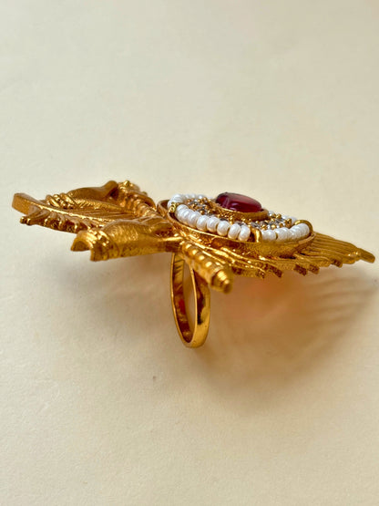 Gold-Plated Red AD stones Studded &  Peacock Feather shaped Adjustable Statement Ring