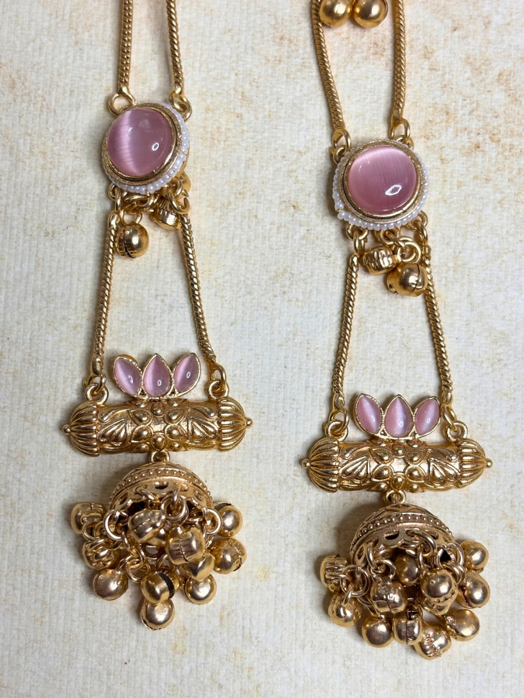 Gold-Plated Pink Kundan Stone Studded Long Chain Kashmiri Jhumka Earrings
