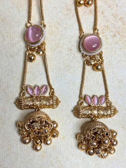 Gold-Plated Pink Kundan Stone Studded Long Chain Kashmiri Jhumka Earrings