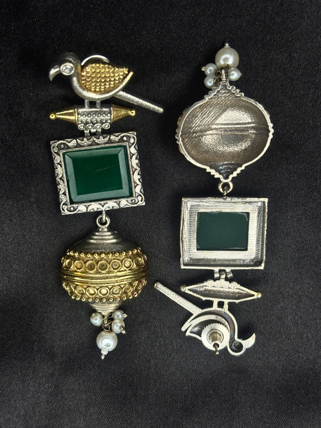 Silver & Gold Dual-Plated Oxidised Long Green Stone Contemporary Bird Jhumkas Earrings