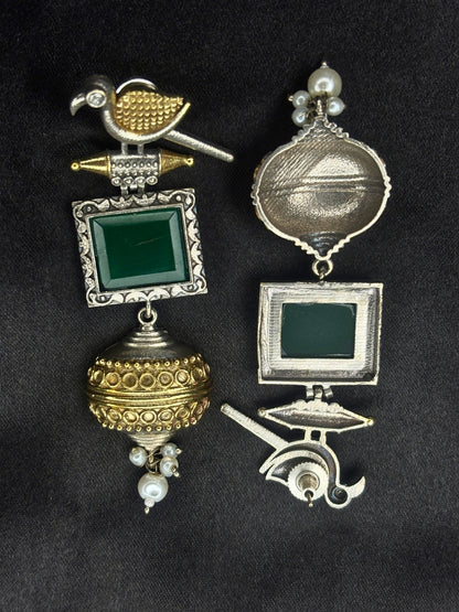 Silver & Gold Dual-Plated Oxidised Long Green Stone Contemporary Bird Jhumkas Earrings