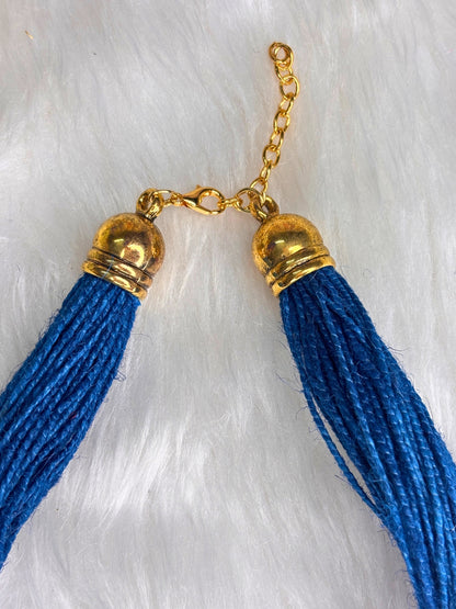 Gold-Plated Oxidised Statement Blue Thread Jute Necklace