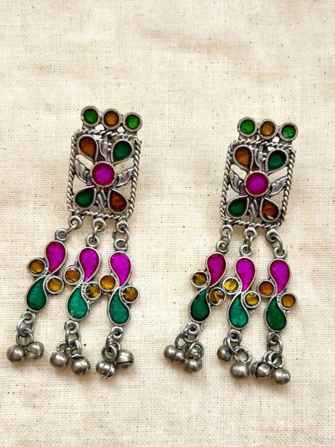 Silver-Plated Oxidised Meenakari Statement Necklace Set(Rani Pink and Green)