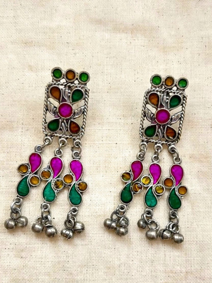 Silver-Plated Oxidised Meenakari Statement Necklace Set(Rani Pink and Green)