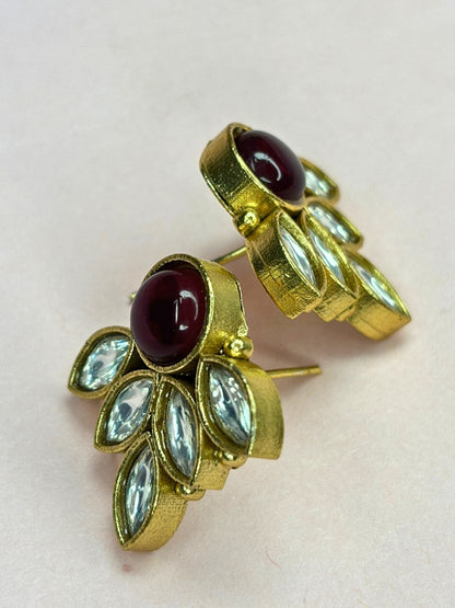 Gold-Plated Red Stone & White Crystal Leaf Design Stud Earrings