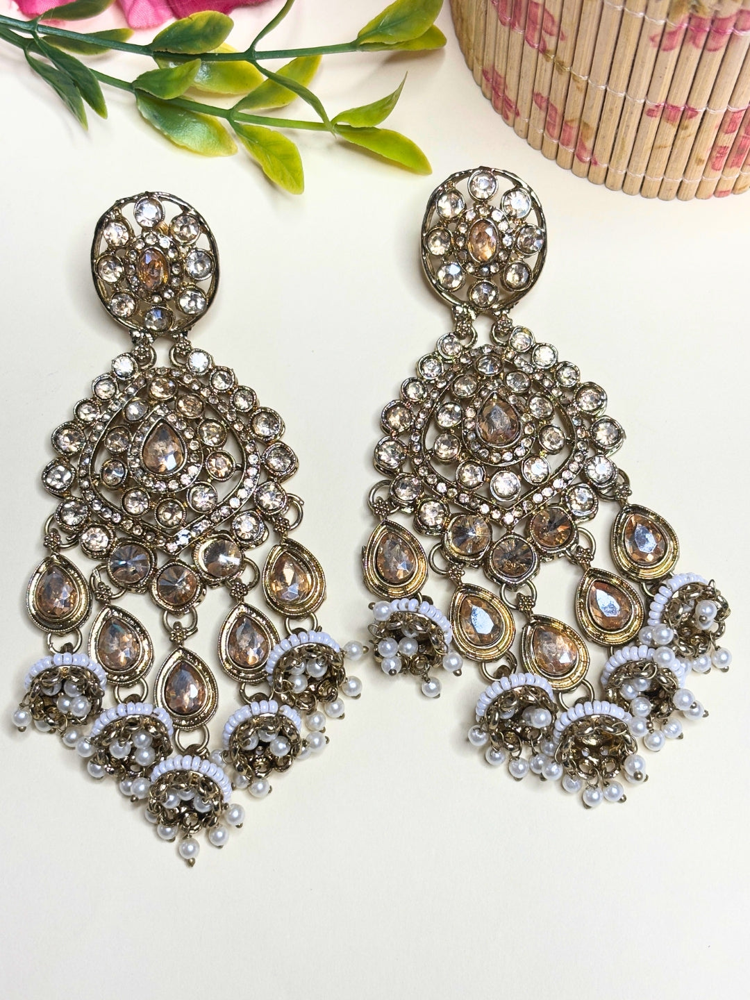 Gold-Plated Kundan, Zirconia & White Pearl Beaded Long Chandbali Earrings