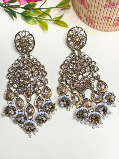 Gold-Plated Kundan, Zirconia & White Pearl Beaded Long Chandbali Earrings