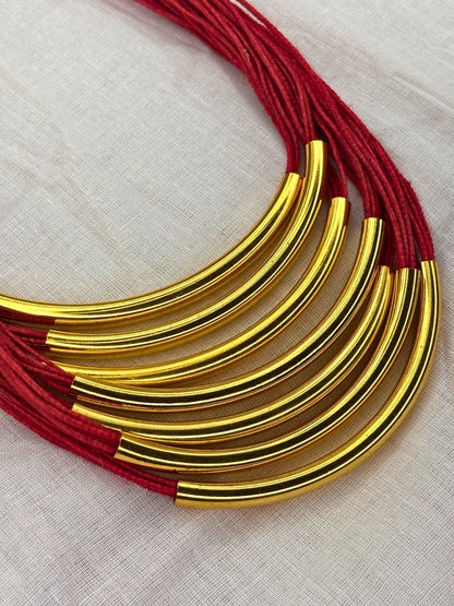 Gold-Plated Oxidised Statement Red Thread Layered Jute Necklace