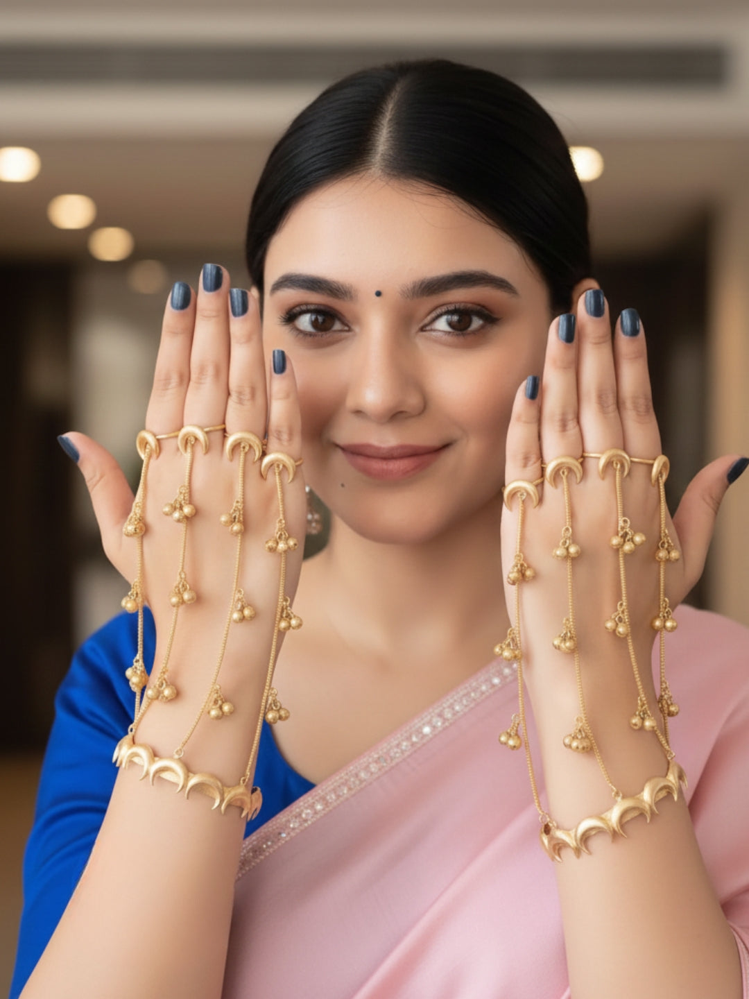 Gold-Plated Ring Chand Bracelet With Hathphool