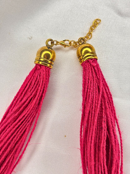 Gold-Plated Oxidised Statement Pink Thread Jute Necklace