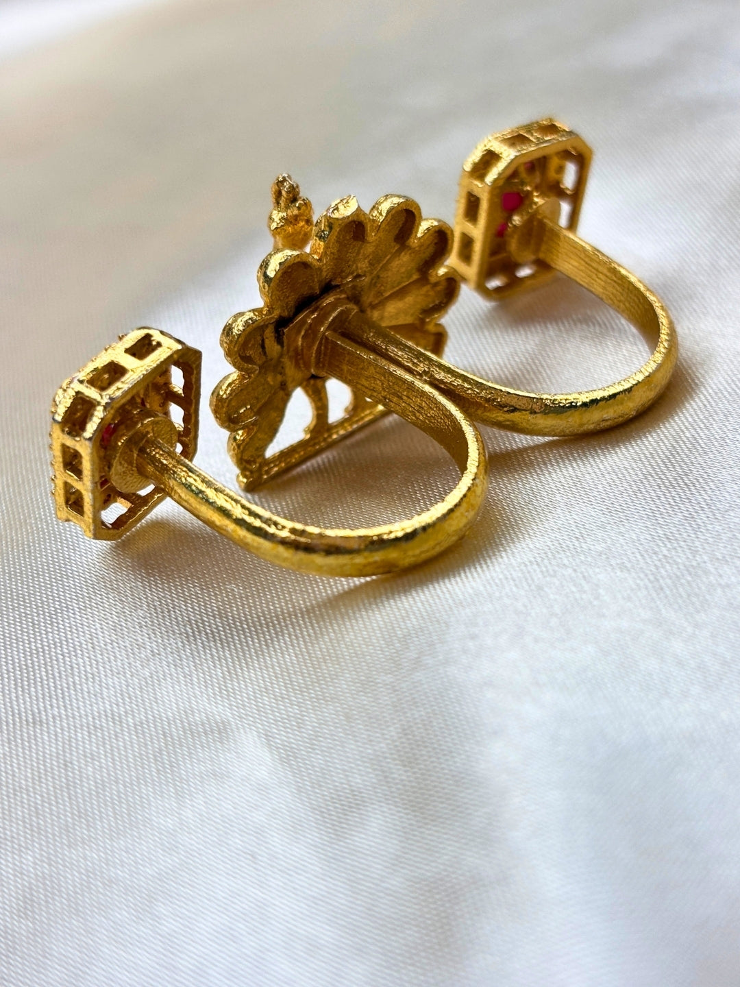 Gold-Plated Green AD stones Studded & Peacock shaped Adjustable Statement Finger Ring