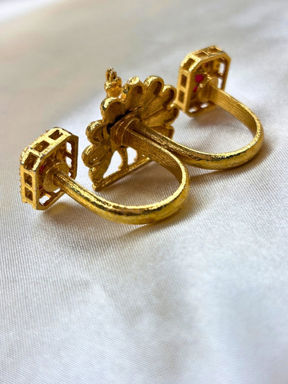Gold-Plated Green AD stones Studded & Peacock shaped Adjustable Statement Finger Ring