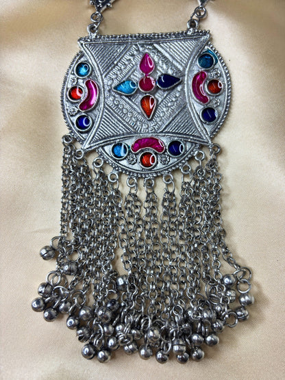 Women Oxidised Silver-Plated Multicolour Stone Studded Long Pendant Necklace Jewellery Set