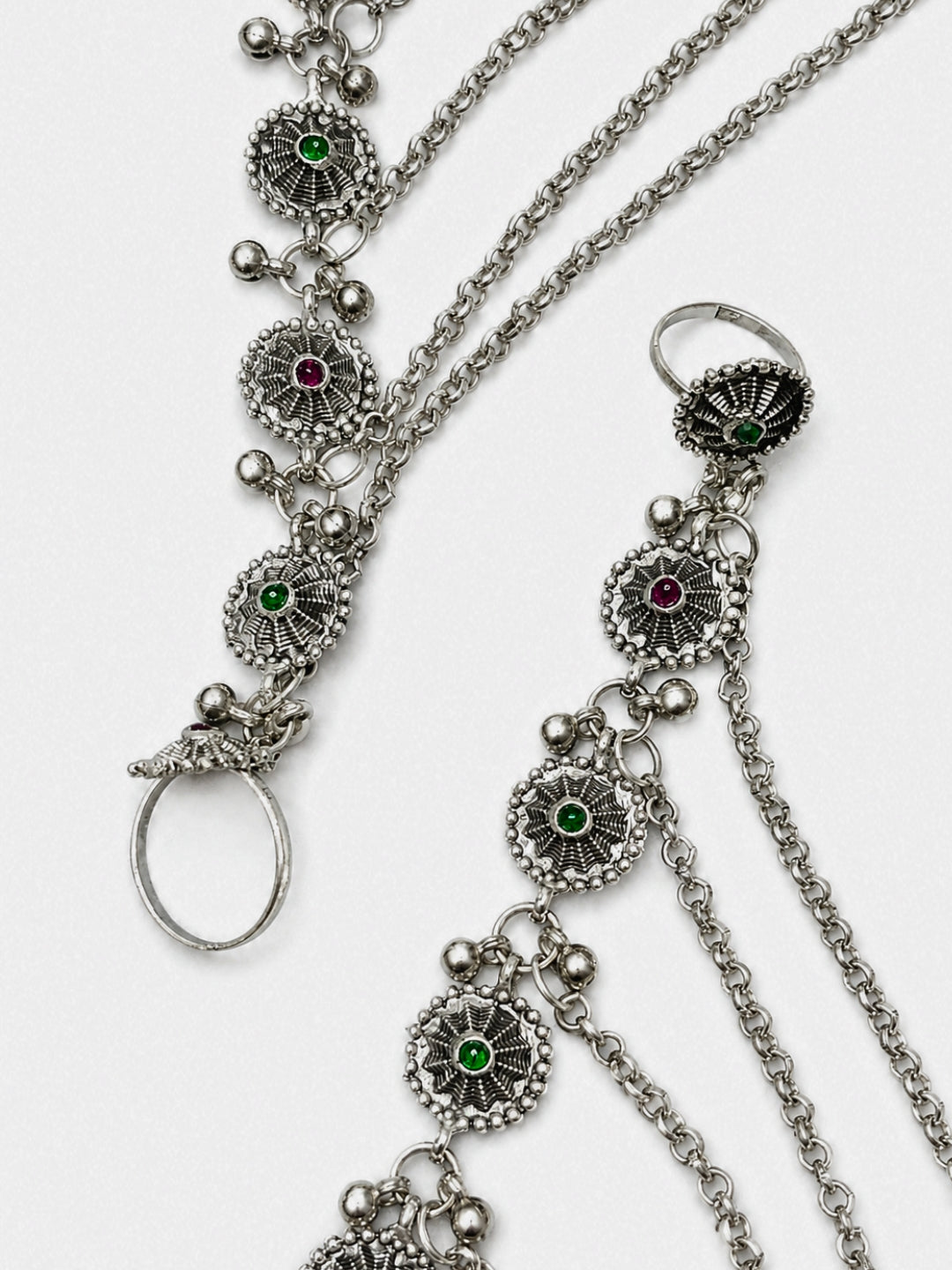 Women Oxidised Silver-Plated Pink Kundan Stone-Studded Layered Chain Anklet with Toe Ring