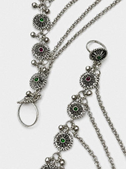 Women Oxidised Silver-Plated Pink Kundan Stone-Studded Layered Chain Anklet with Toe Ring