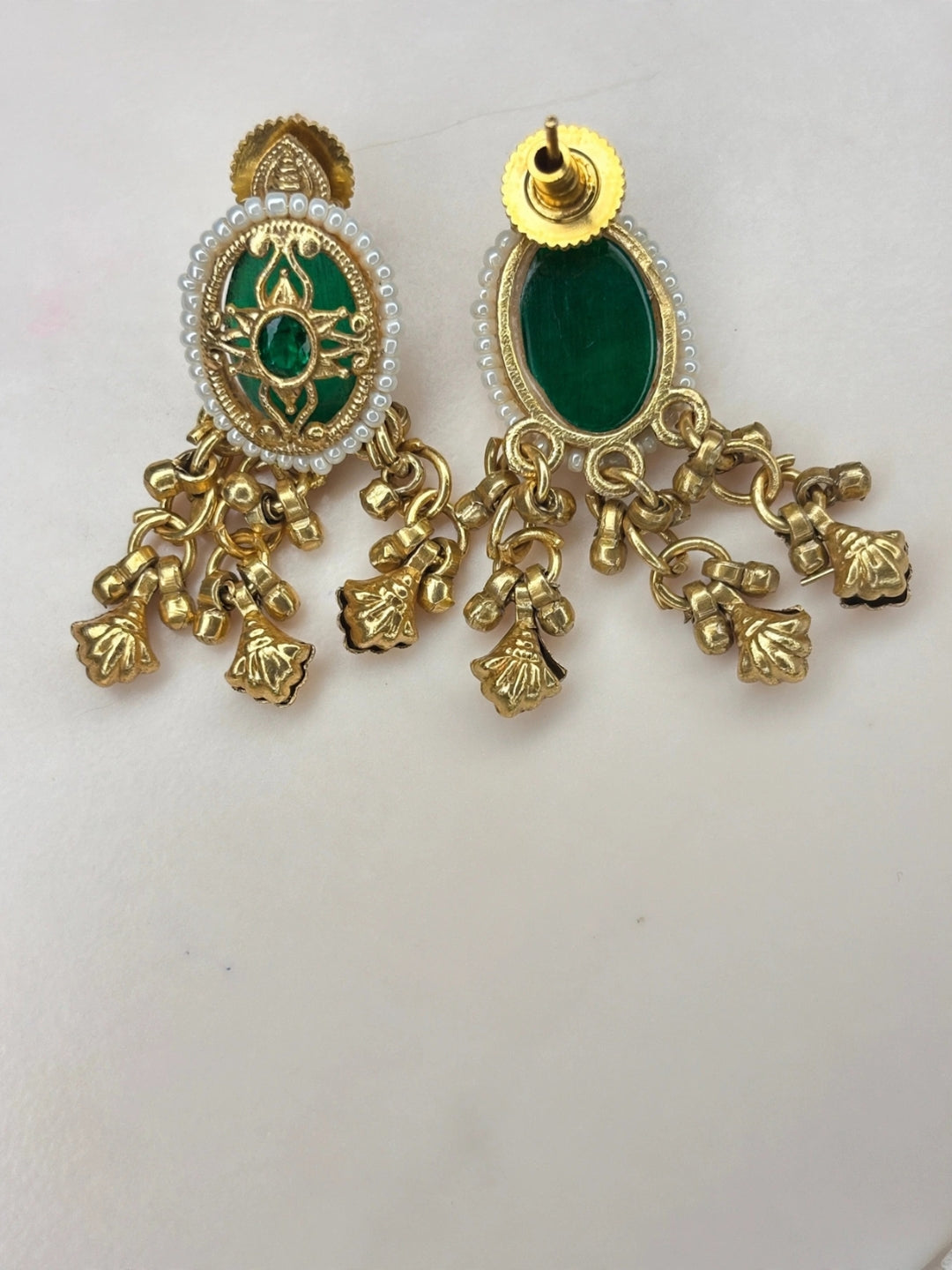 Gold-Plated Green Kundan Stone Contemporary Stud Earrings
