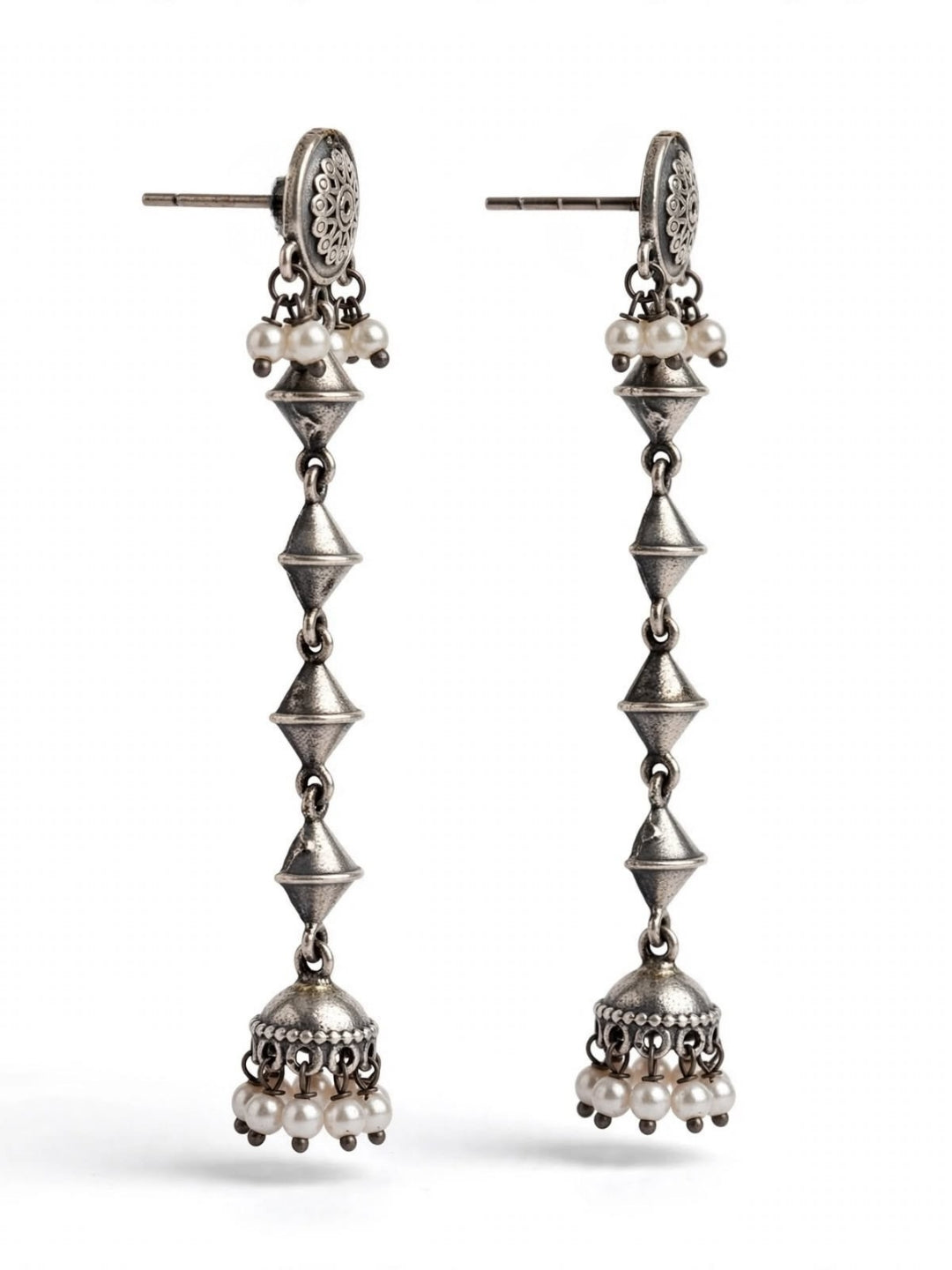 Oxidised Silver-Plated Geometric Long Drop Earrings