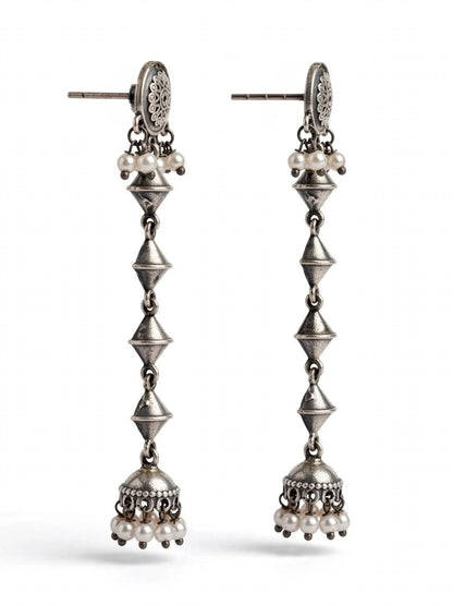 Oxidised Silver-Plated Geometric Long Drop Earrings