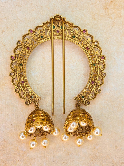 Gold-Plated Kundan and AD Pearl Embellished Traditional Hair Juda Pin
