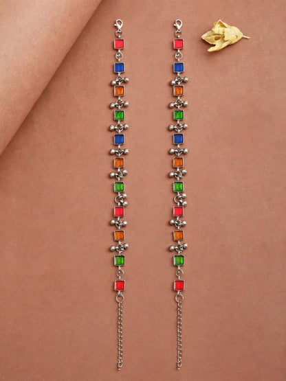 Oxidised Silver-Toned Multicolour Stone Beaded Anklet
