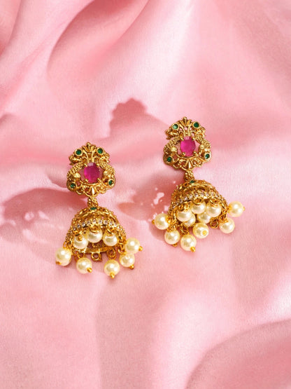 Gold-Plated Ruby & Emerald CZ Studded Temple Jewellery Set