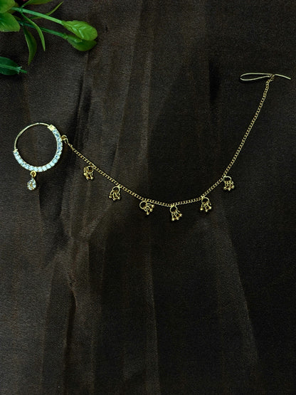 Gold-Plated AD and Cubic Zirconia  chained Adjustable Nosepin Chain (Nath)