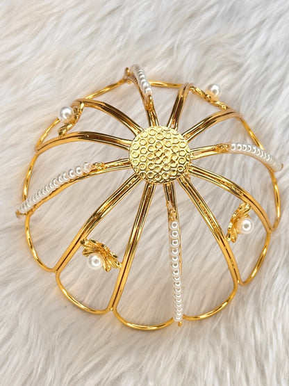 Gold-Plated Pearl Embellished Floral Hair Bun Accessory
