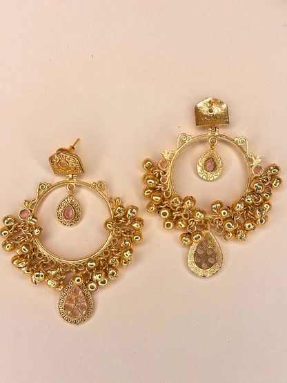 Gold-Plated Pink Kundan Ghungroo Statement Earrings