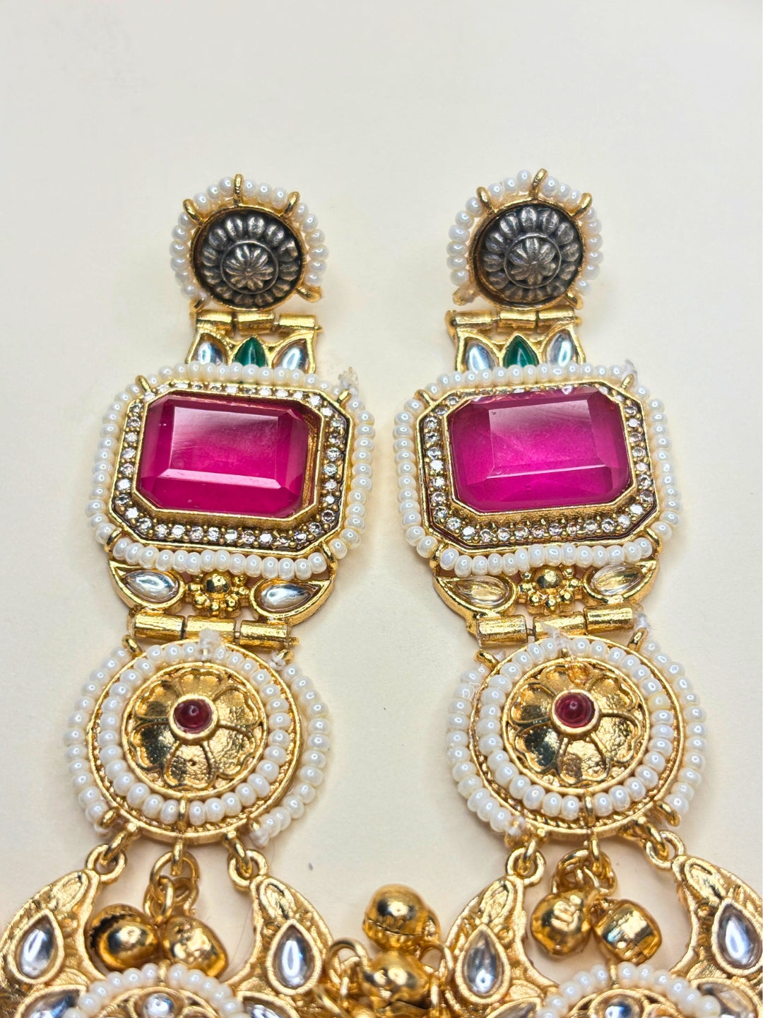 Gold-Toned Kundan & Pink Stone Embellished Pearl Jhumka Drop Earrings