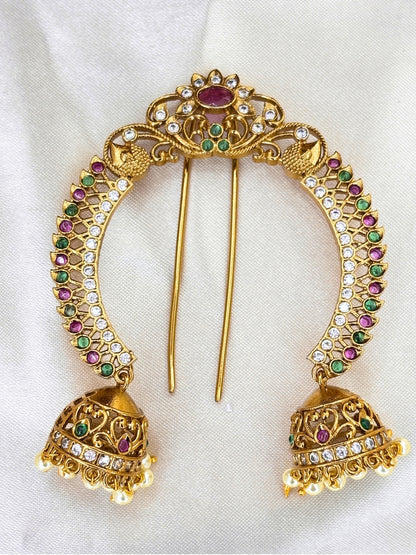 Gold-Plated Multicolour AD Stone Embellished Pearl Jhumka Juda Pin