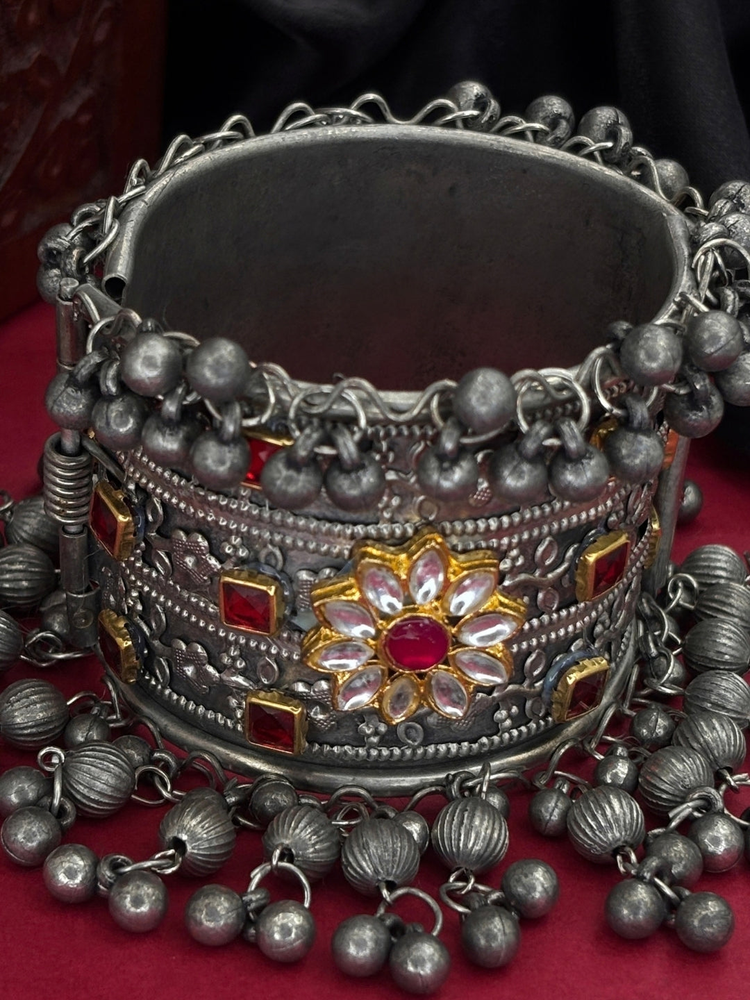 Silver-Plated Oxidised Red Stone Ghungroo Statement Kada Bangle Bracelet
