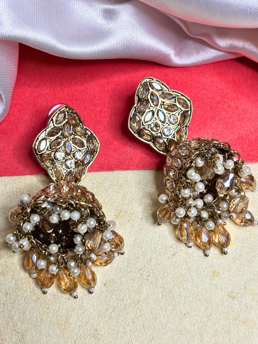 Gold-Plated Crystal Bead  Kundan-Style Jhumka Earrings