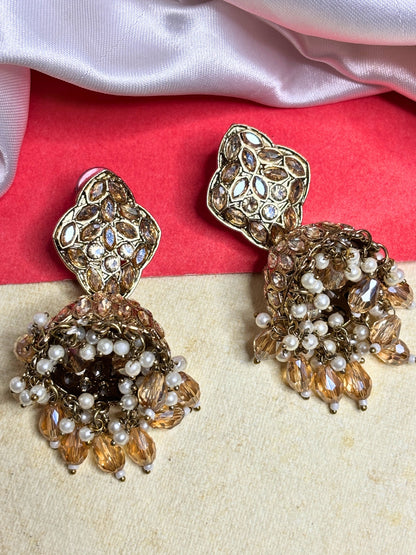 Gold-Plated Crystal Bead  Kundan-Style Jhumka Earrings