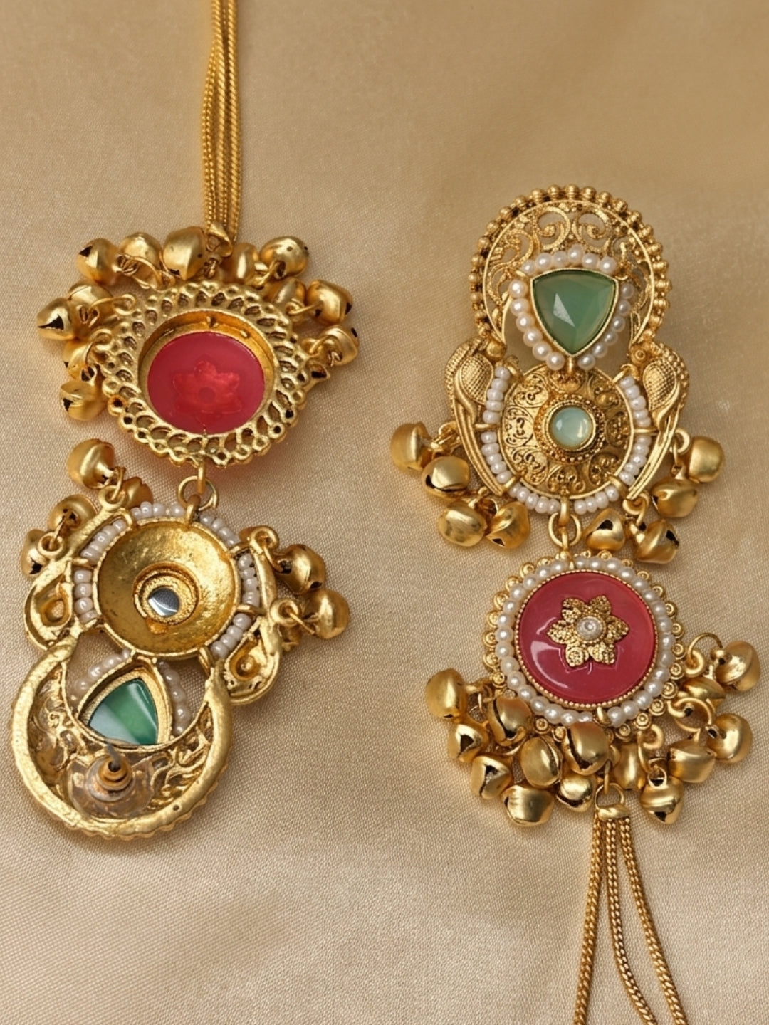 Set Of 2 Gold-Plated Peacock Shaped Kundan & Ghungaroo Studded Kashmiri Drop Earrings