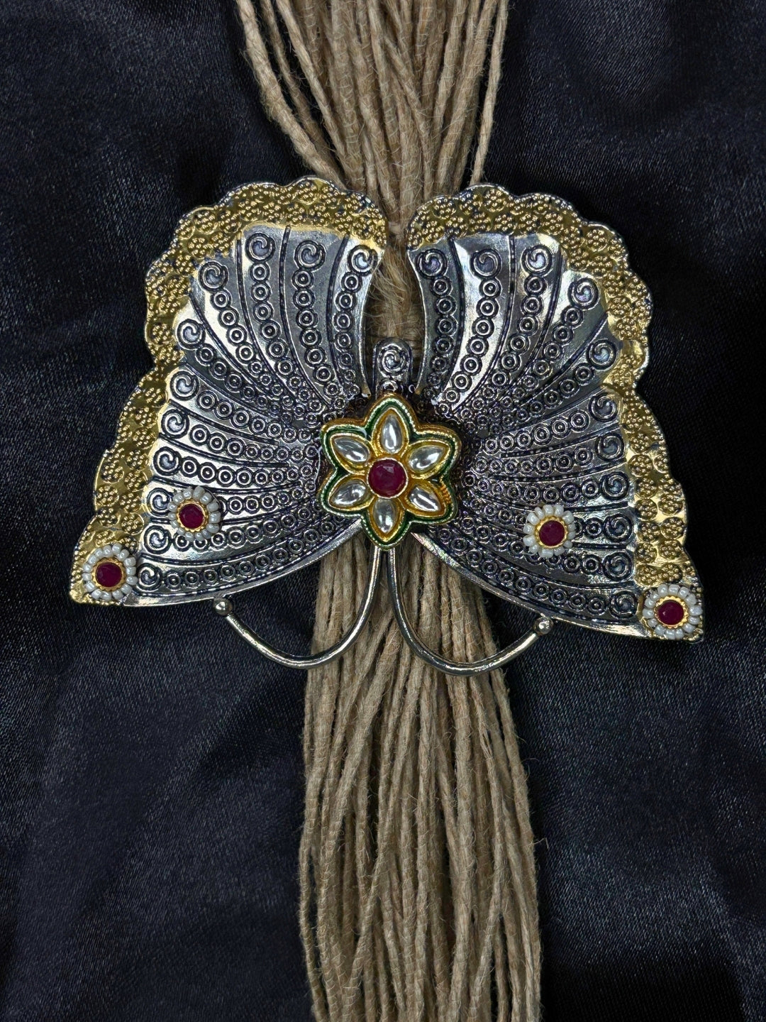 Silver Plated Butterfly Pendant Oxidised Statement Thread Necklace