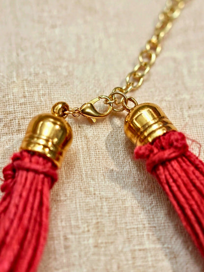 Gold-Plated Oxidised Statement Red Thread Layered Jute Necklace