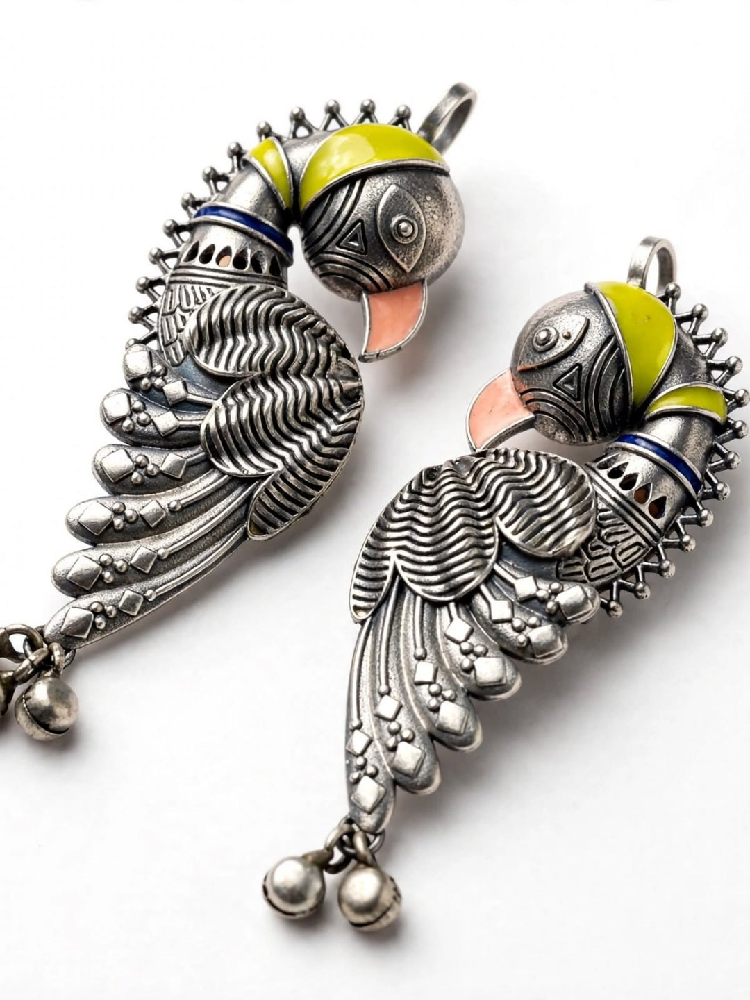 Oxidised Silver-Plated Multicolour Parrot Design Pearl Drop Statement Earcuff